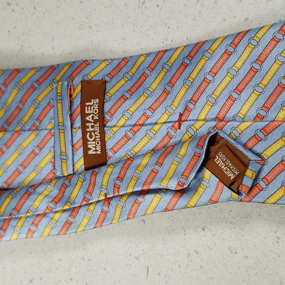 Michael Kors Men's Lite Blue Red Yellow Silk Dress Necktie - Picture 6 of 8